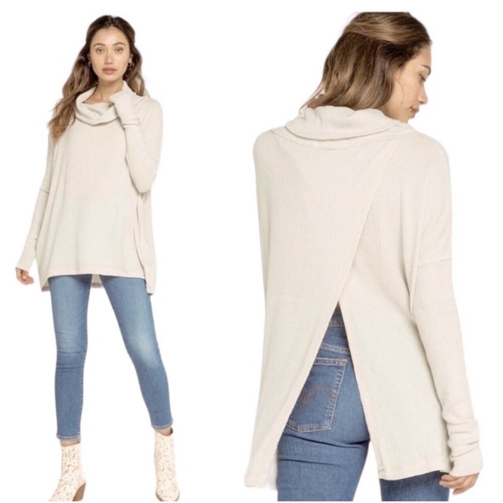 NWT Free People Juicy Long‎ Sleeve Stone Cold Waffle Cowl Sweater CrossoverBack